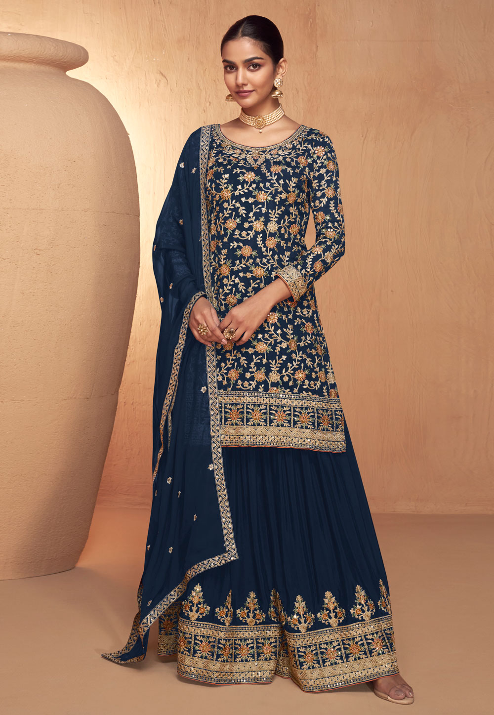Navy Blue Chinon Embroidered Gharara Suit 285844