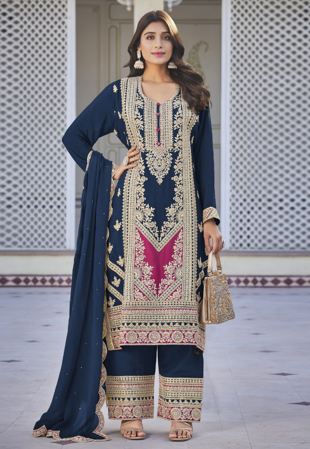 Navy Blue Chinon Embroidered Palazzo Suit 285167