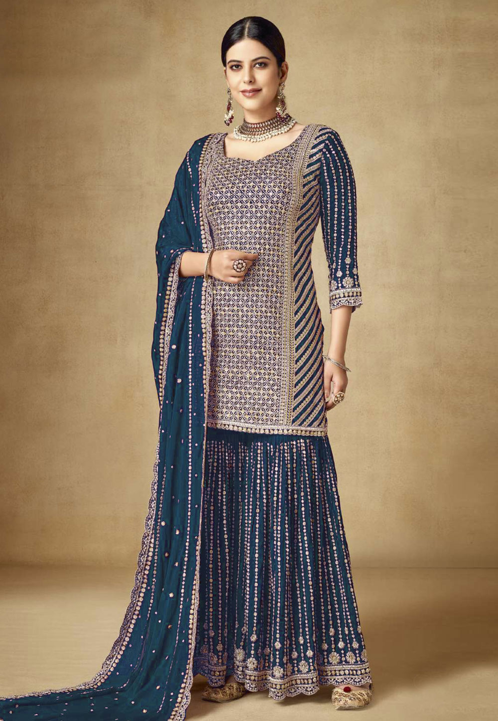 Navy Blue Chinon Embroidered Sharara Suit 283066