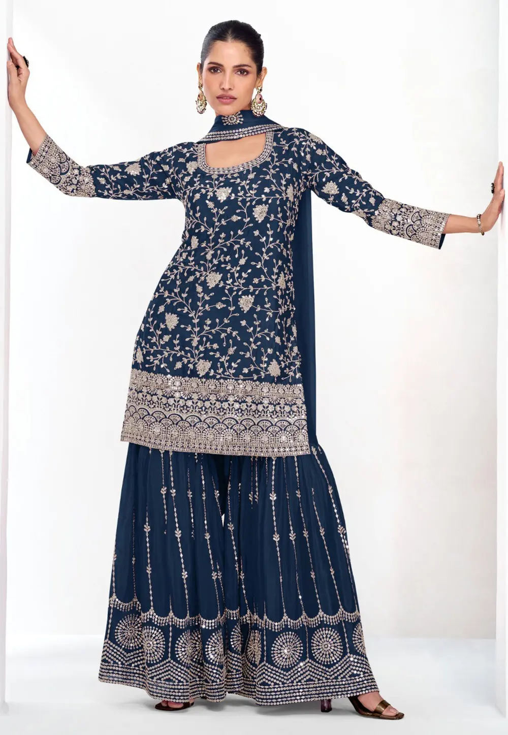 Navy Blue Chinon Gharara Suit 302558