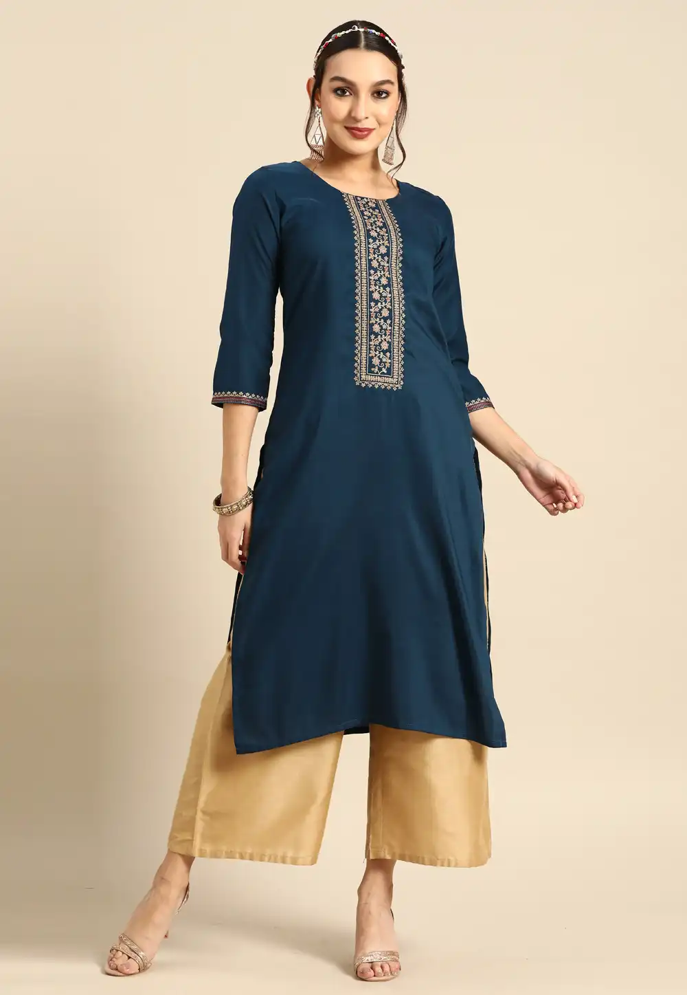 Navy Blue Chinon Long Kurti 289199