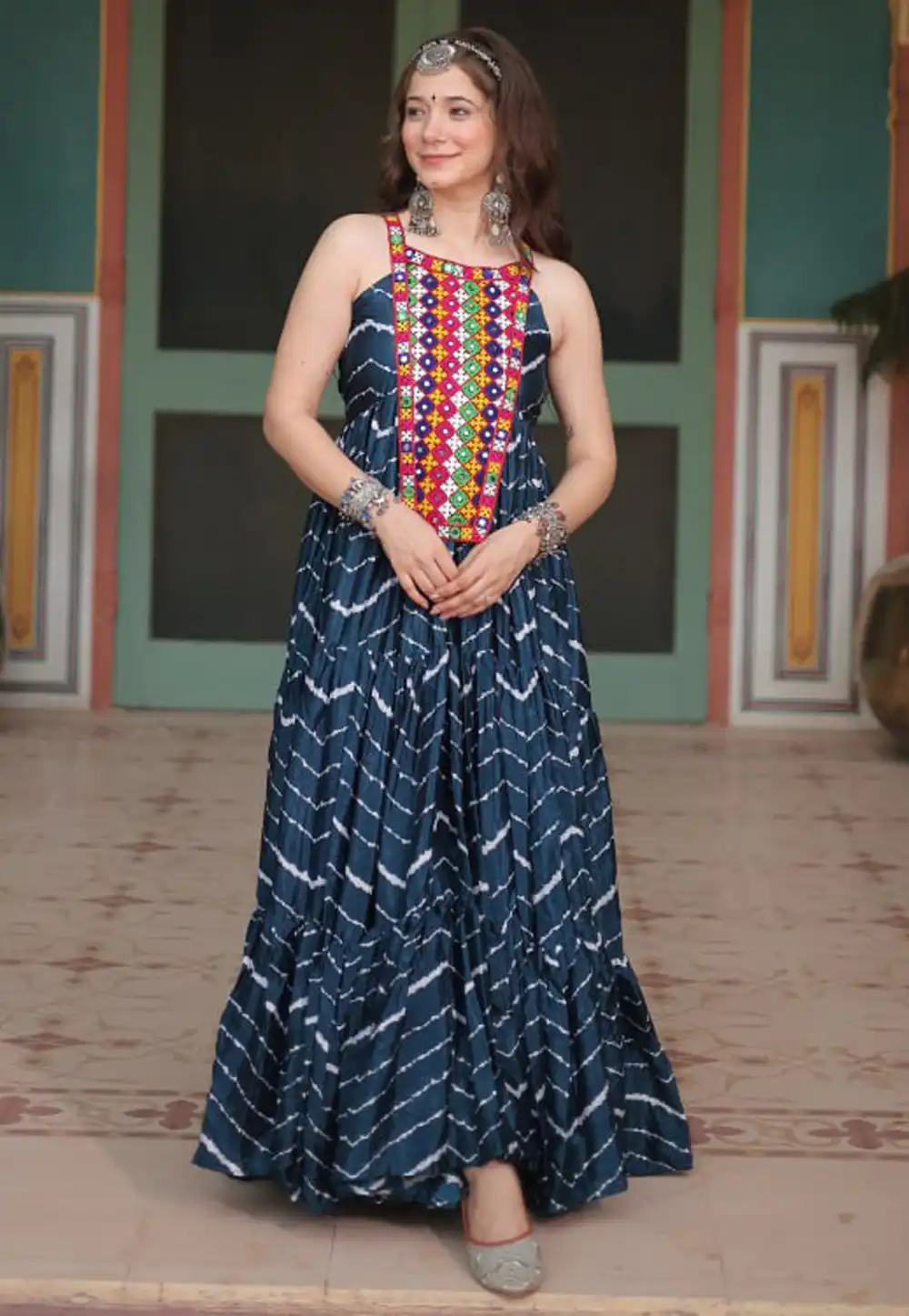 Navy Blue Chinon Navratri Wear Gown 293749