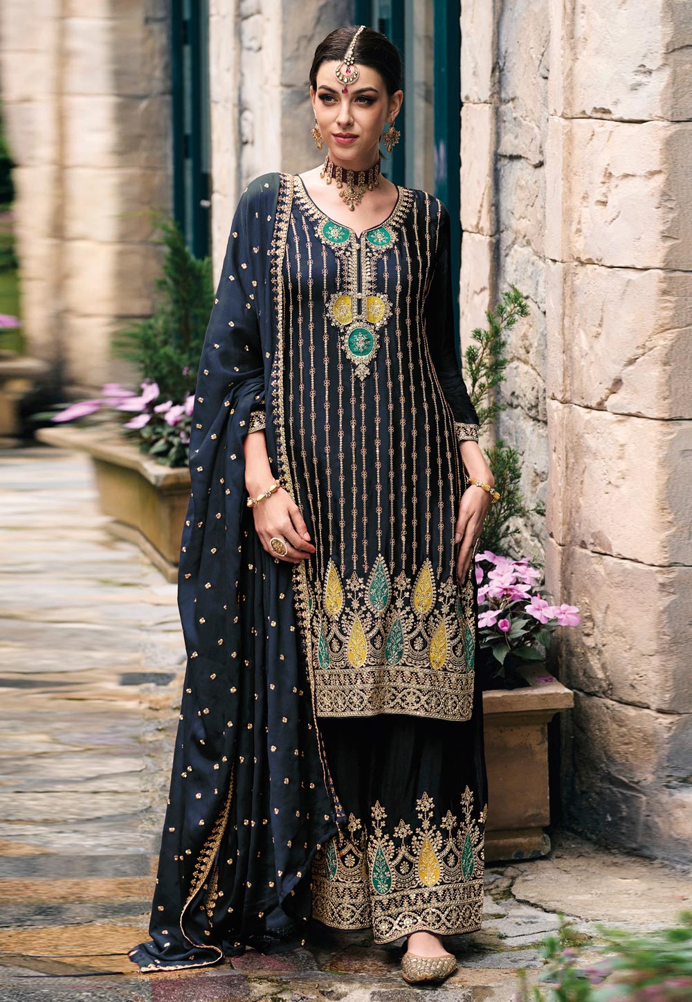 Navy Blue Chinon Palazzo Suit 284756