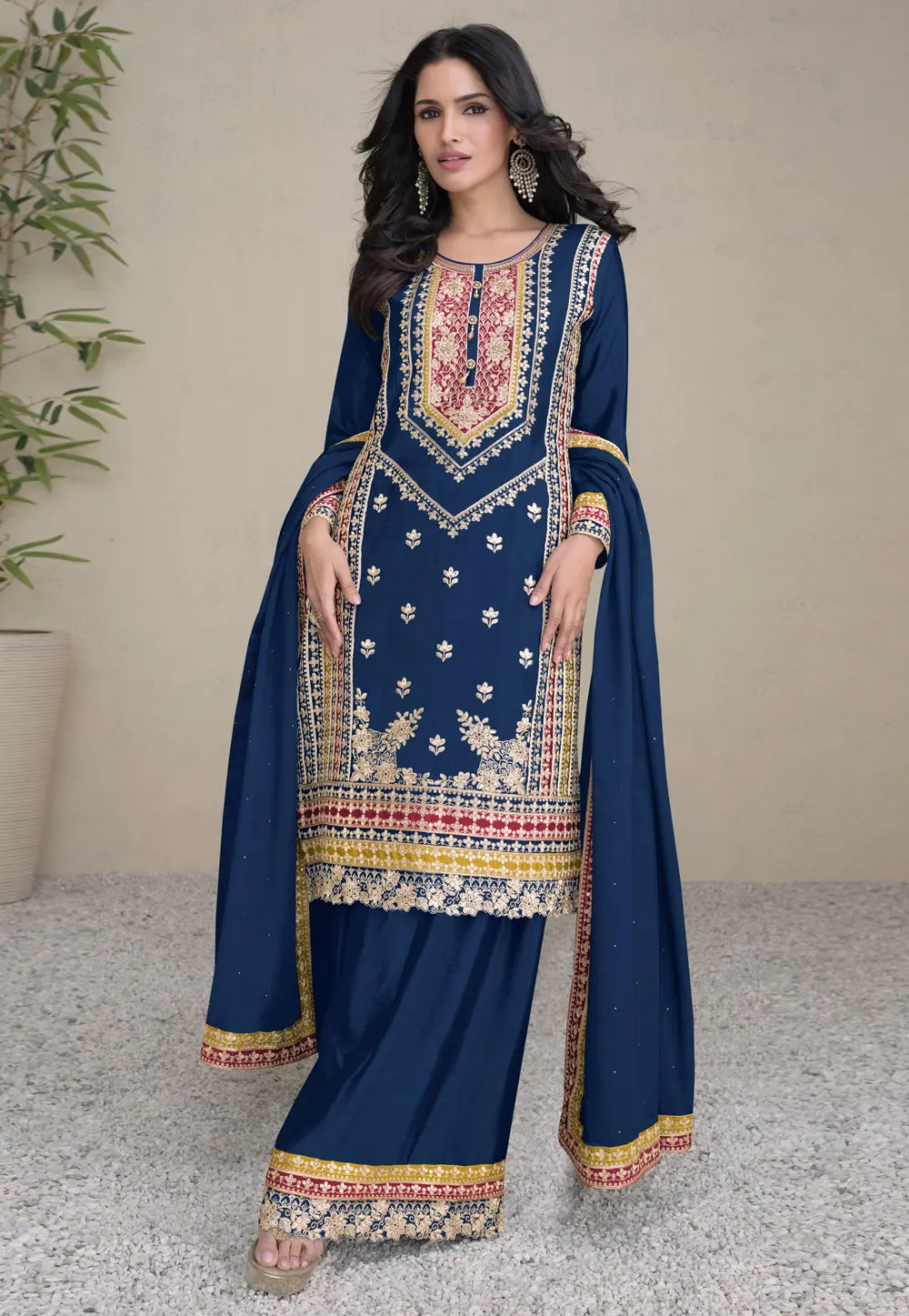 Navy Blue Chinon Palazzo Suit 297555