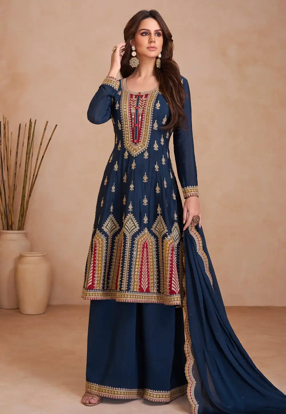 Navy Blue Chinon Palazzo Suit 295125