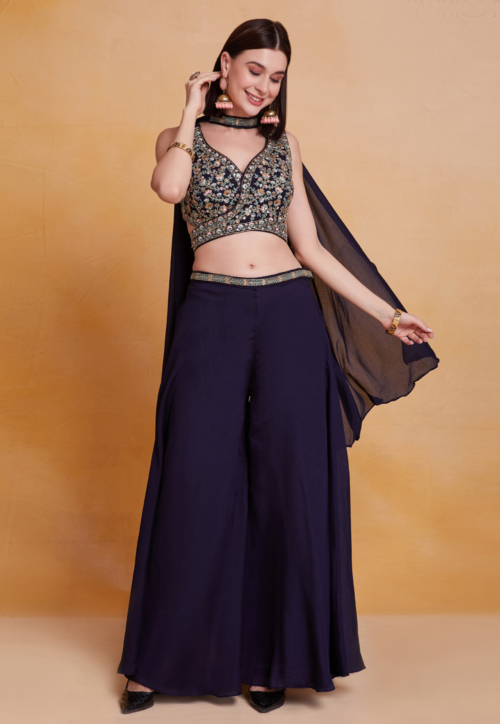 Navy Blue Chinon Palazzo With Crop Top 284752