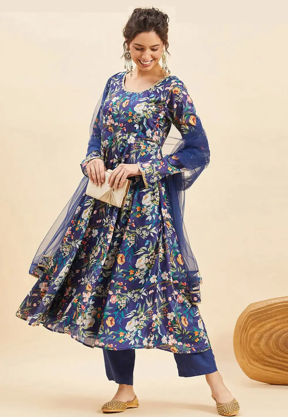 Navy Blue Chinon Readymade Anarkali Suit 289431