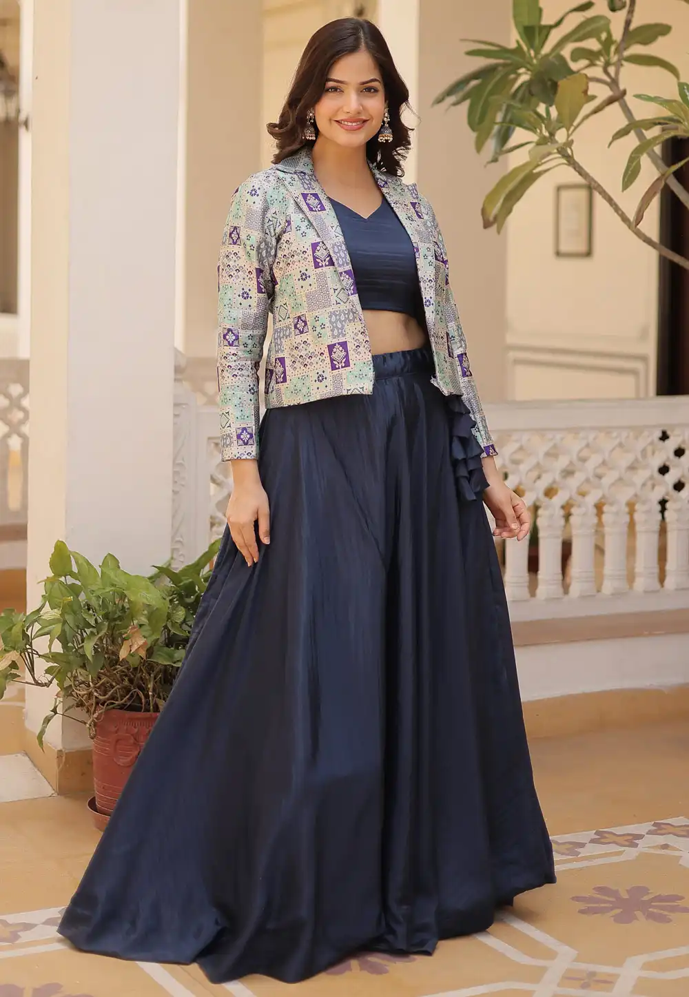 Navy Blue Chinon Readymade Indo Western Lehenga Choli 291230