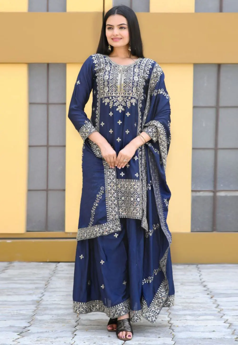 Navy Blue Chinon Readymade Pakistani Suit 301675