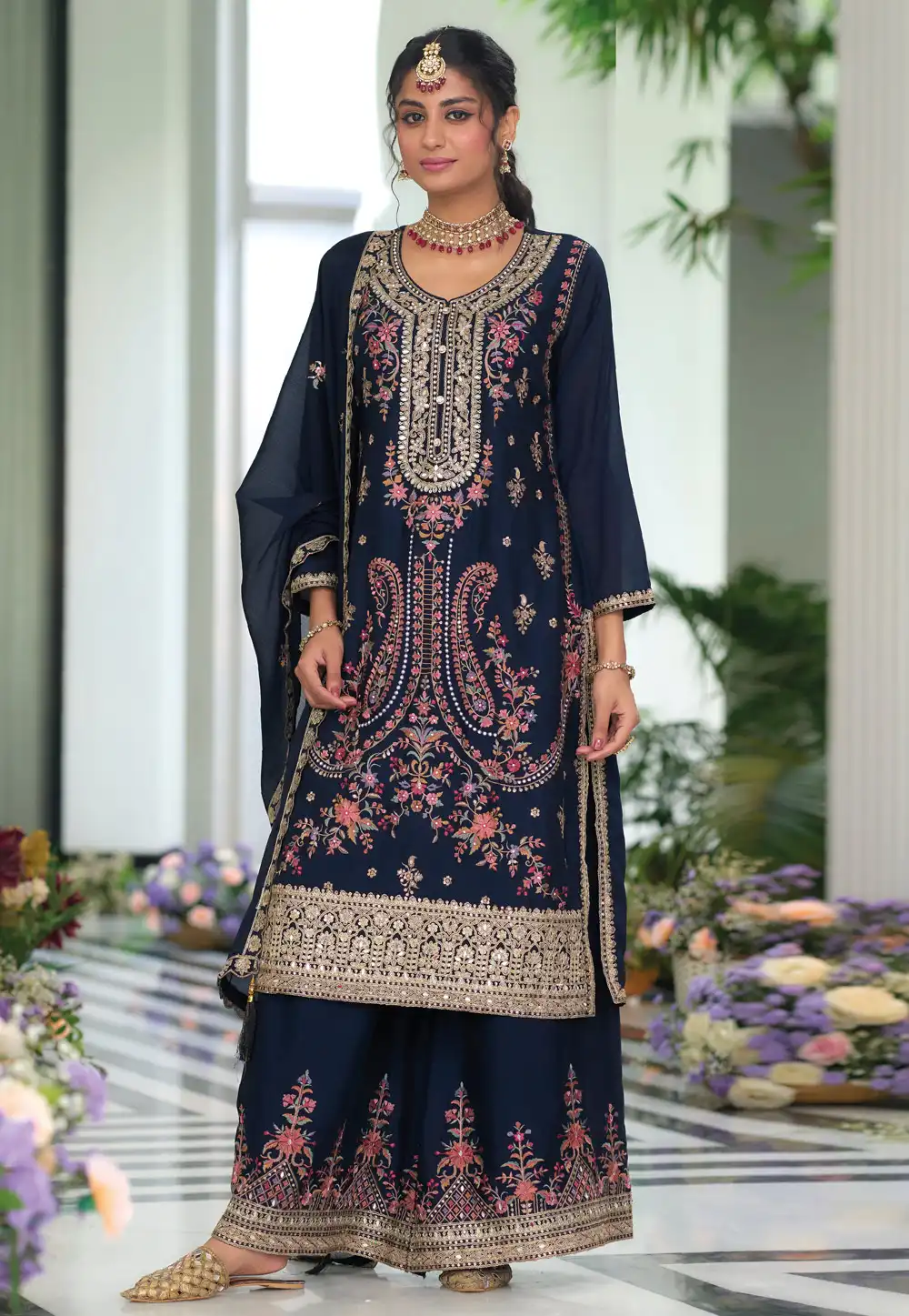 Navy Blue Chinon Readymade Palazzo Suit 294839