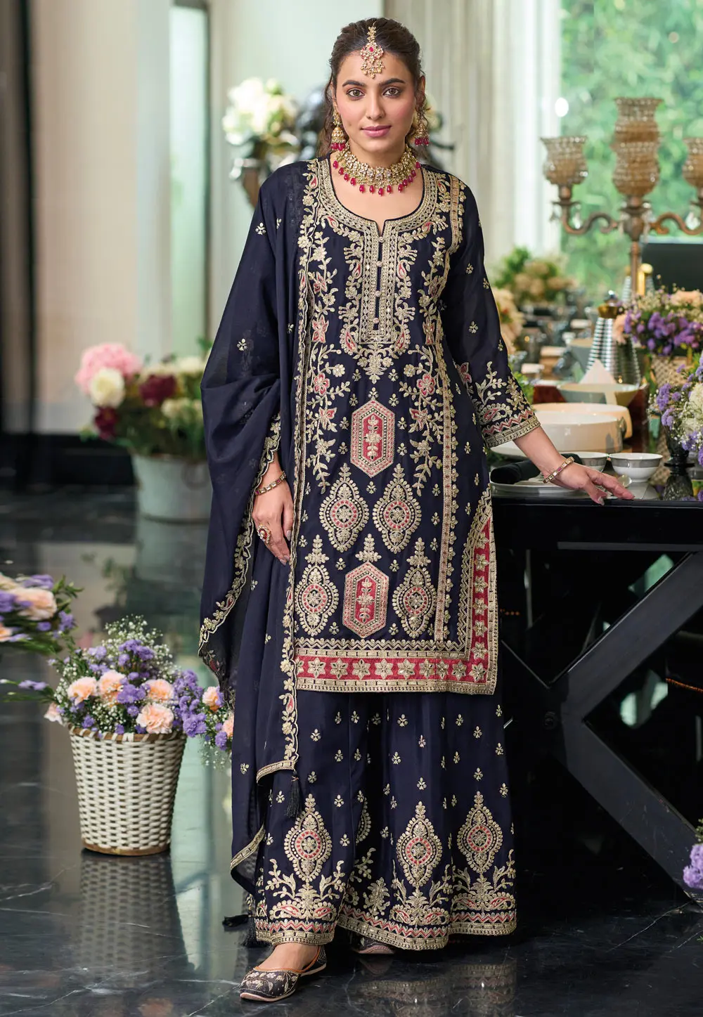 Navy Blue Chinon Readymade Palazzo Suit 298660