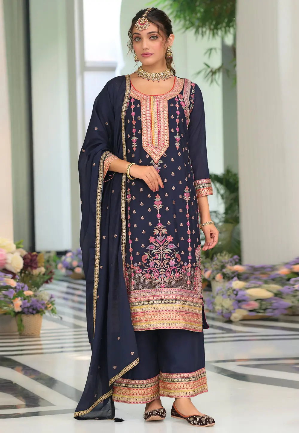 Navy Blue Chinon Readymade Palazzo Suit 298945