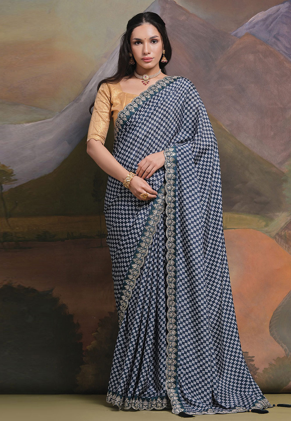 Navy Blue Chinon Saree With Blouse 279463