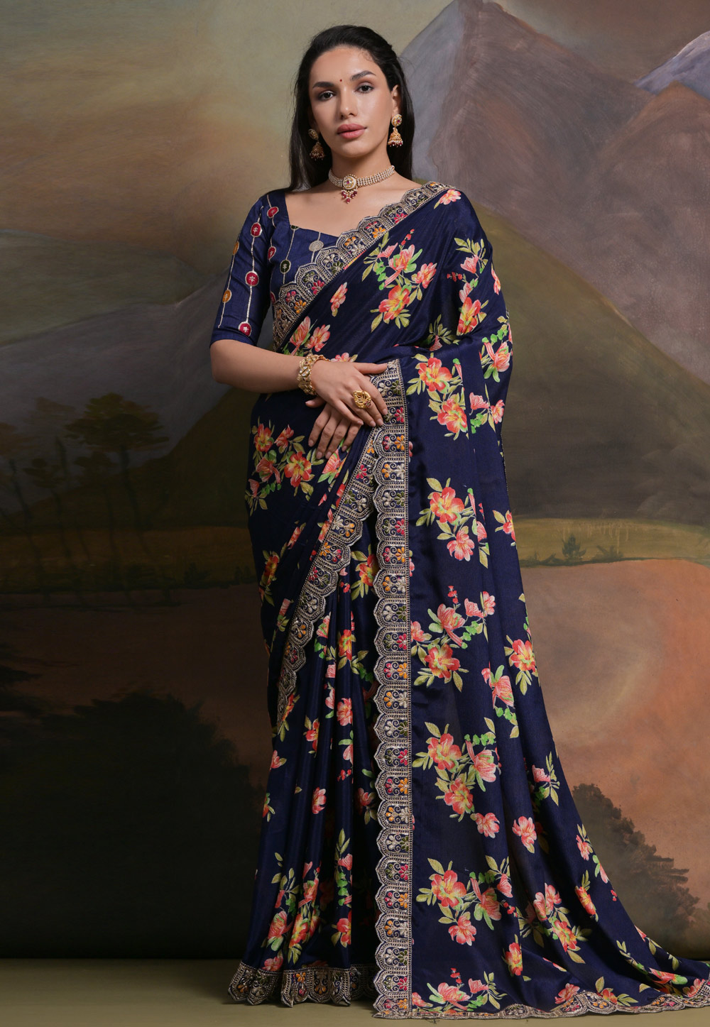 Navy Blue Chinon Saree With Blouse 283415
