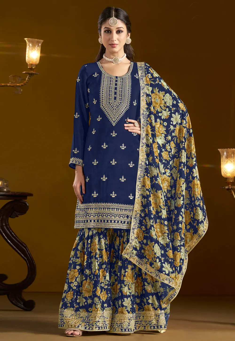 Navy Blue Chinon Sharara Suit 297454