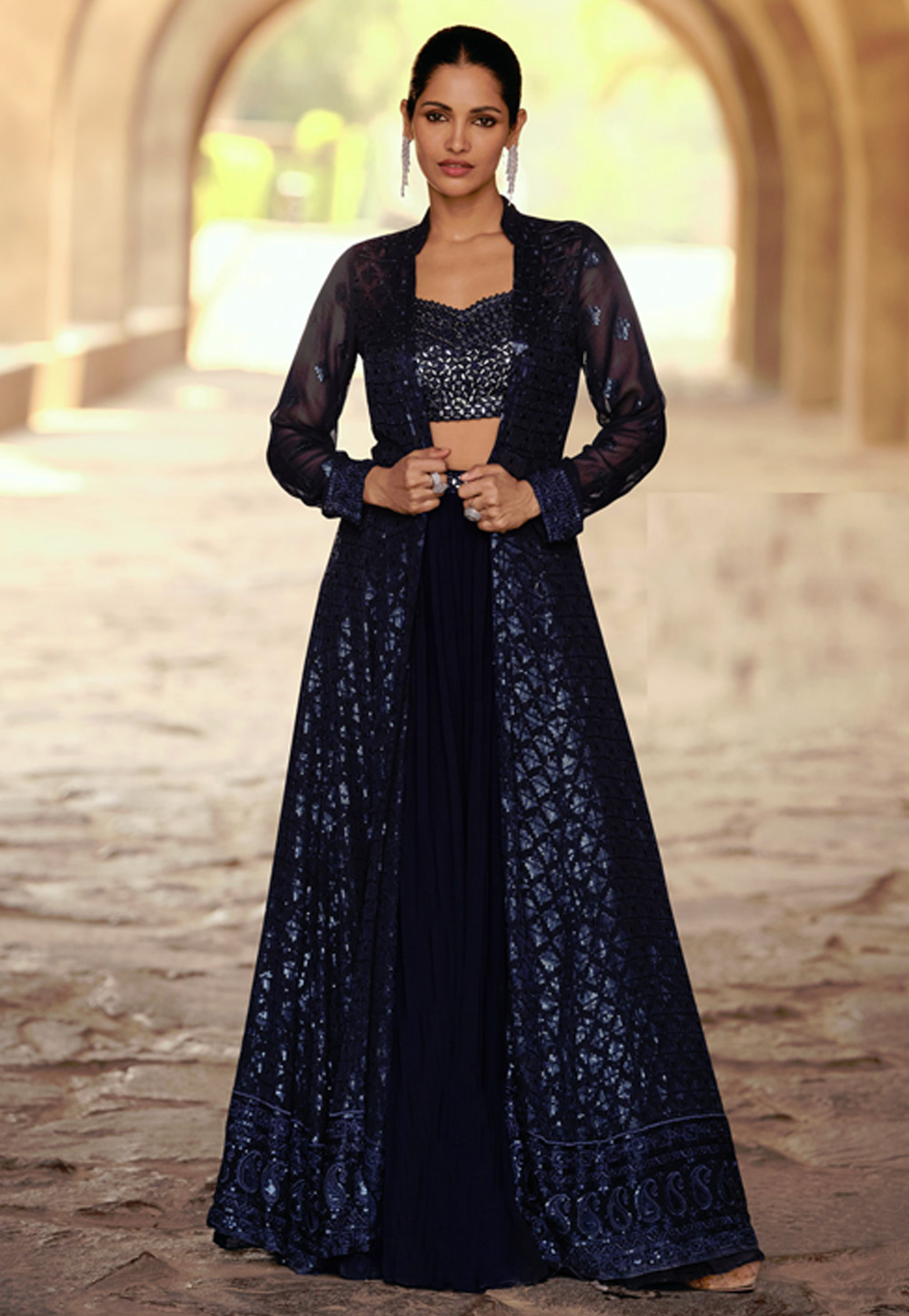 Navy Blue Chinon Silk Indo Western Lehenga Choli 278196