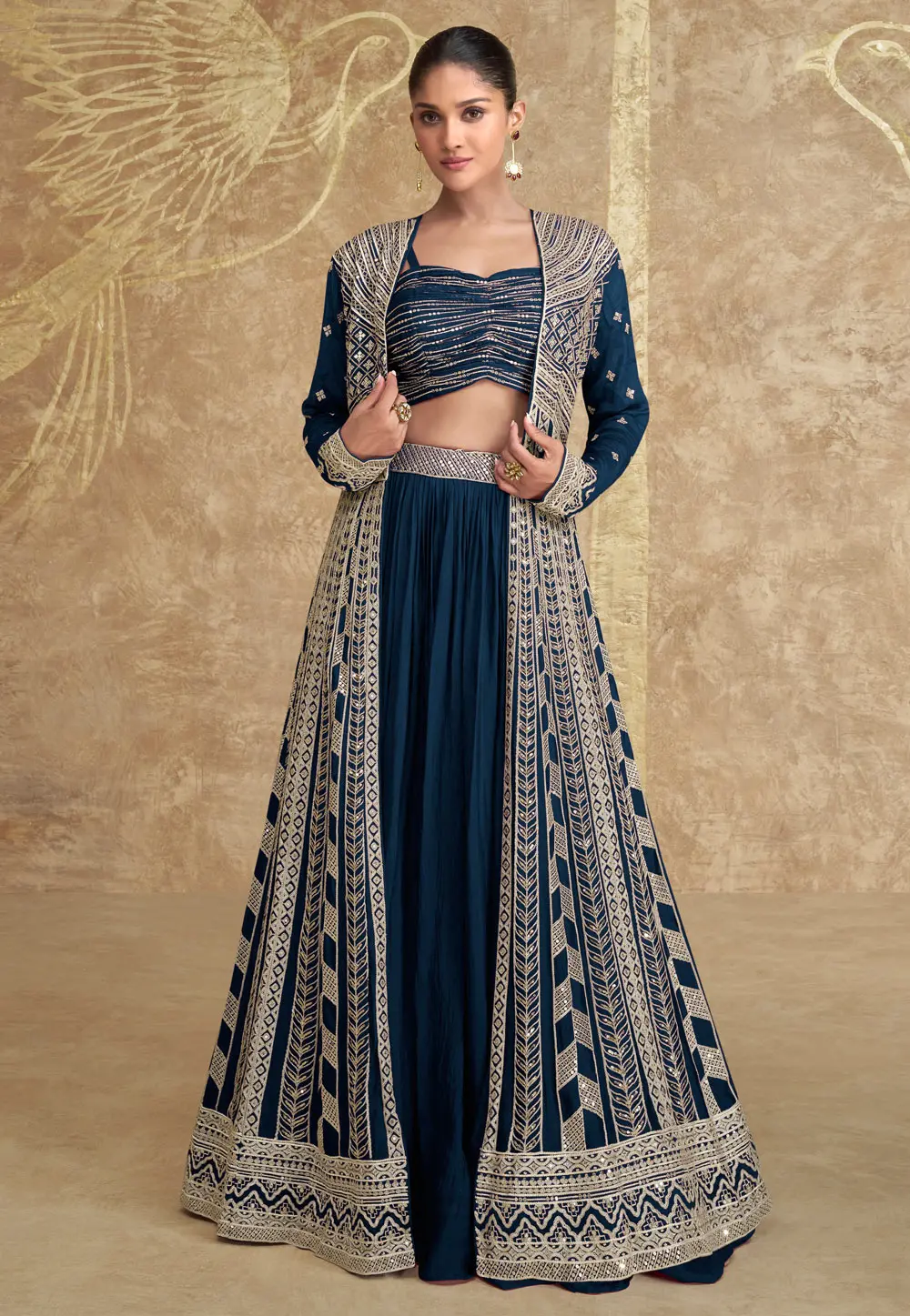 Navy Blue Chinon Silk Indo Western Lehenga Choli 298644