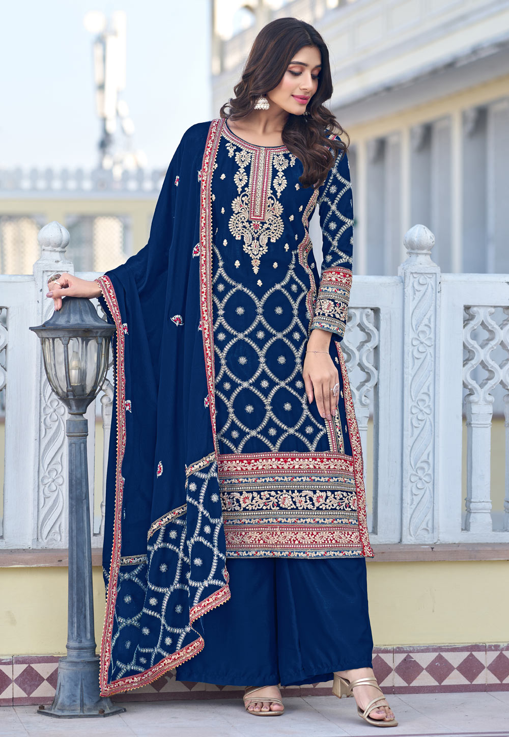 Navy Blue Chinon Silk Pakistani Suit 280029