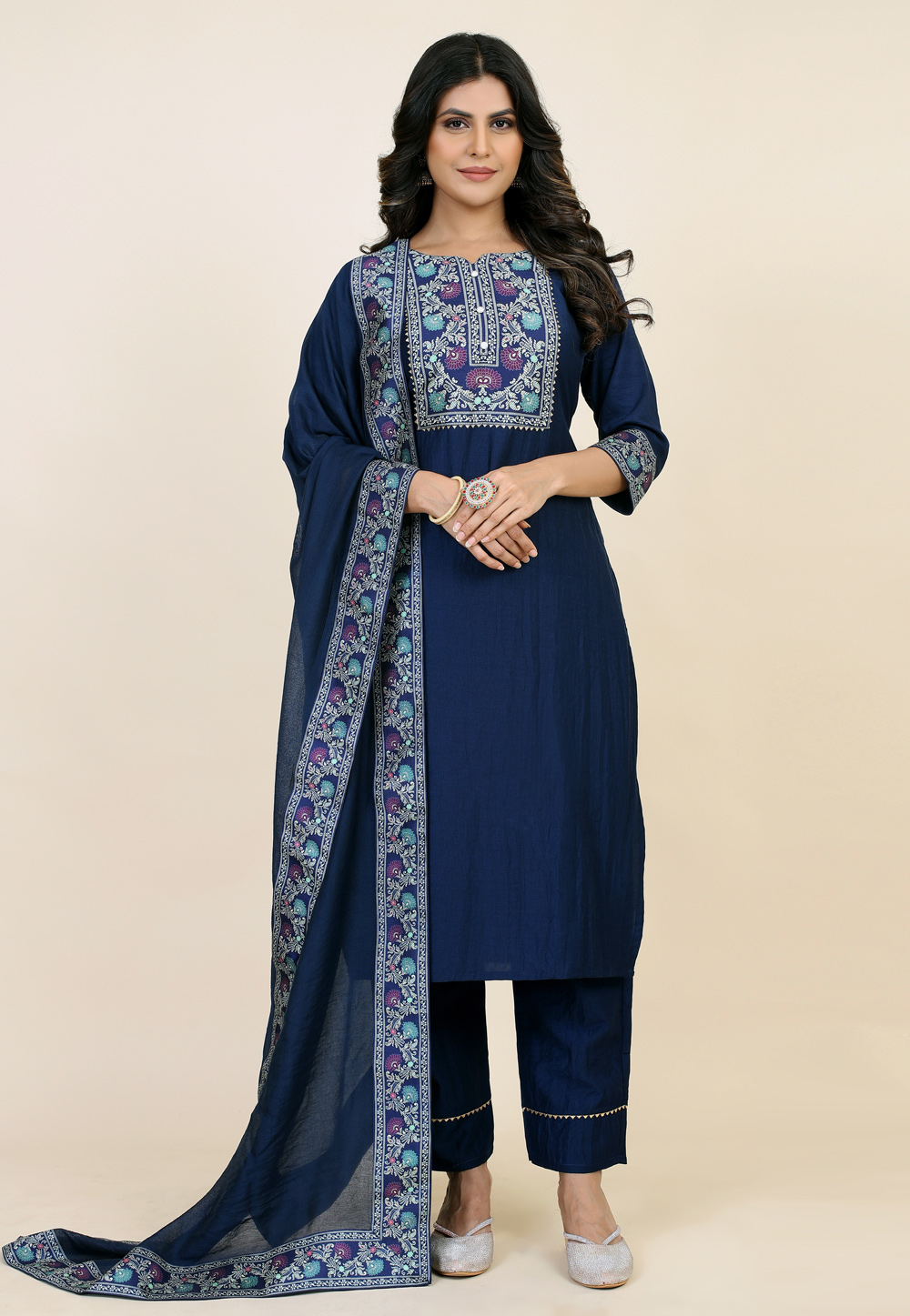 Navy Blue Chinon Silk Readymade Pakistani Suit 283181
