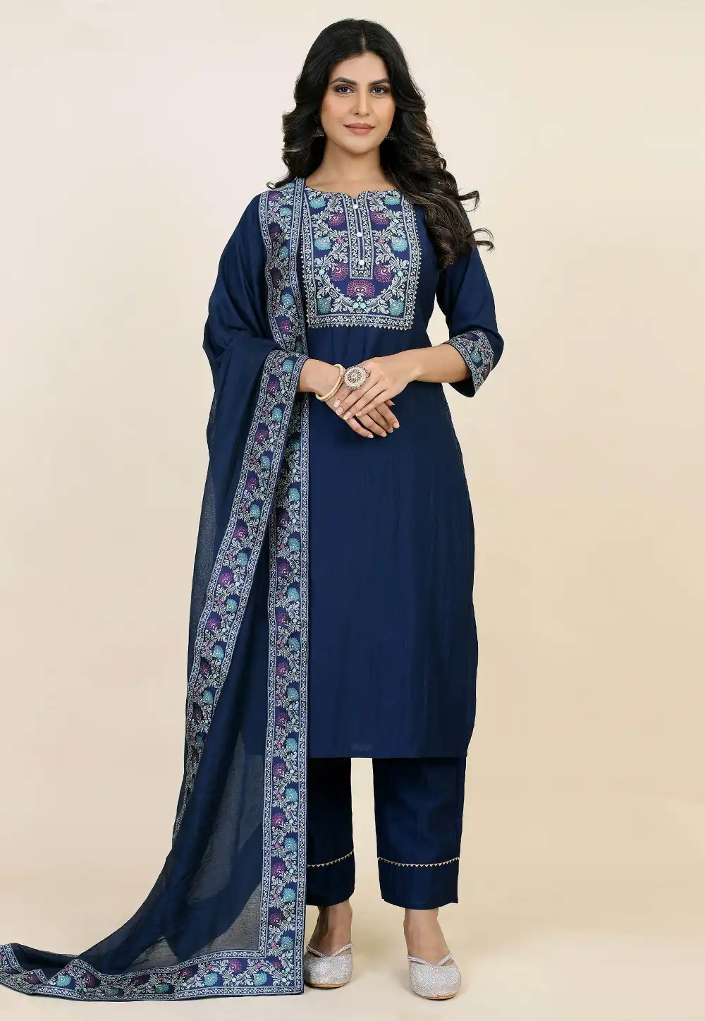 Navy Blue Chinon Silk Readymade Pant Style Suit 293835