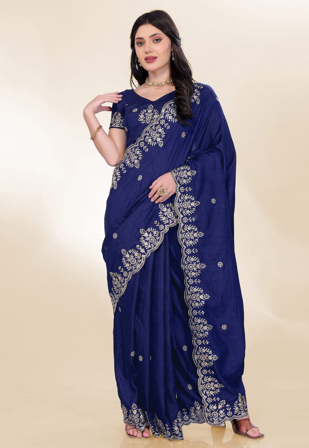 Navy Blue Chinon Silk Saree With Blouse 305692