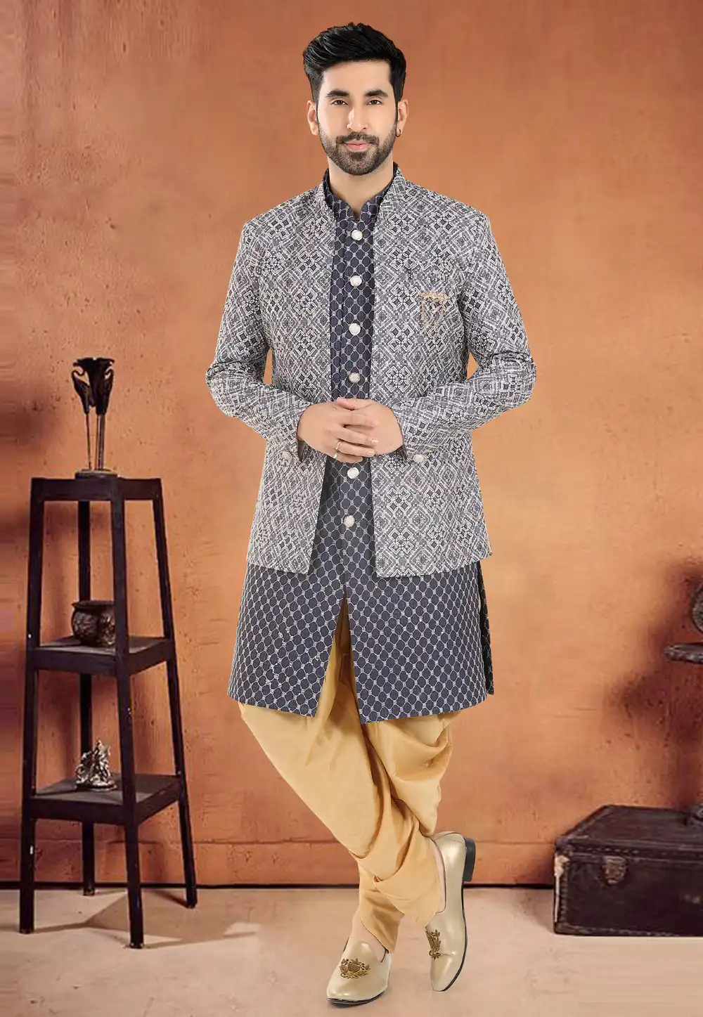 Navy Blue Cotton Indo Western Suit 290596