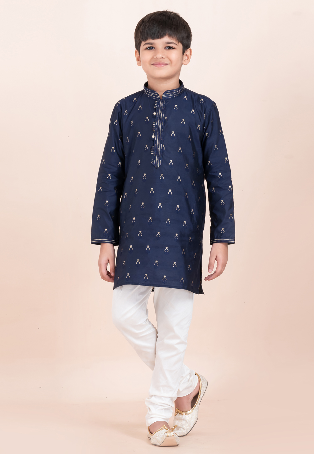 Navy Blue Cotton Jacquard Kids Kurta Pajama 305355