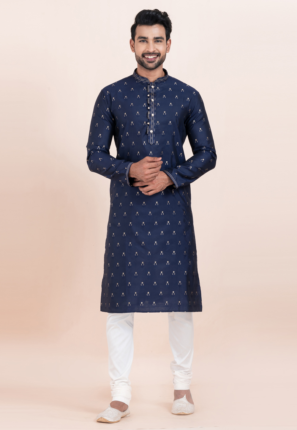 Navy Blue Cotton Jacquard Kurta Pajama 305172