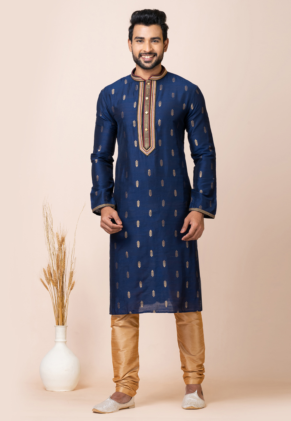 Navy Blue Cotton Jacquard Kurta Pajama 286248