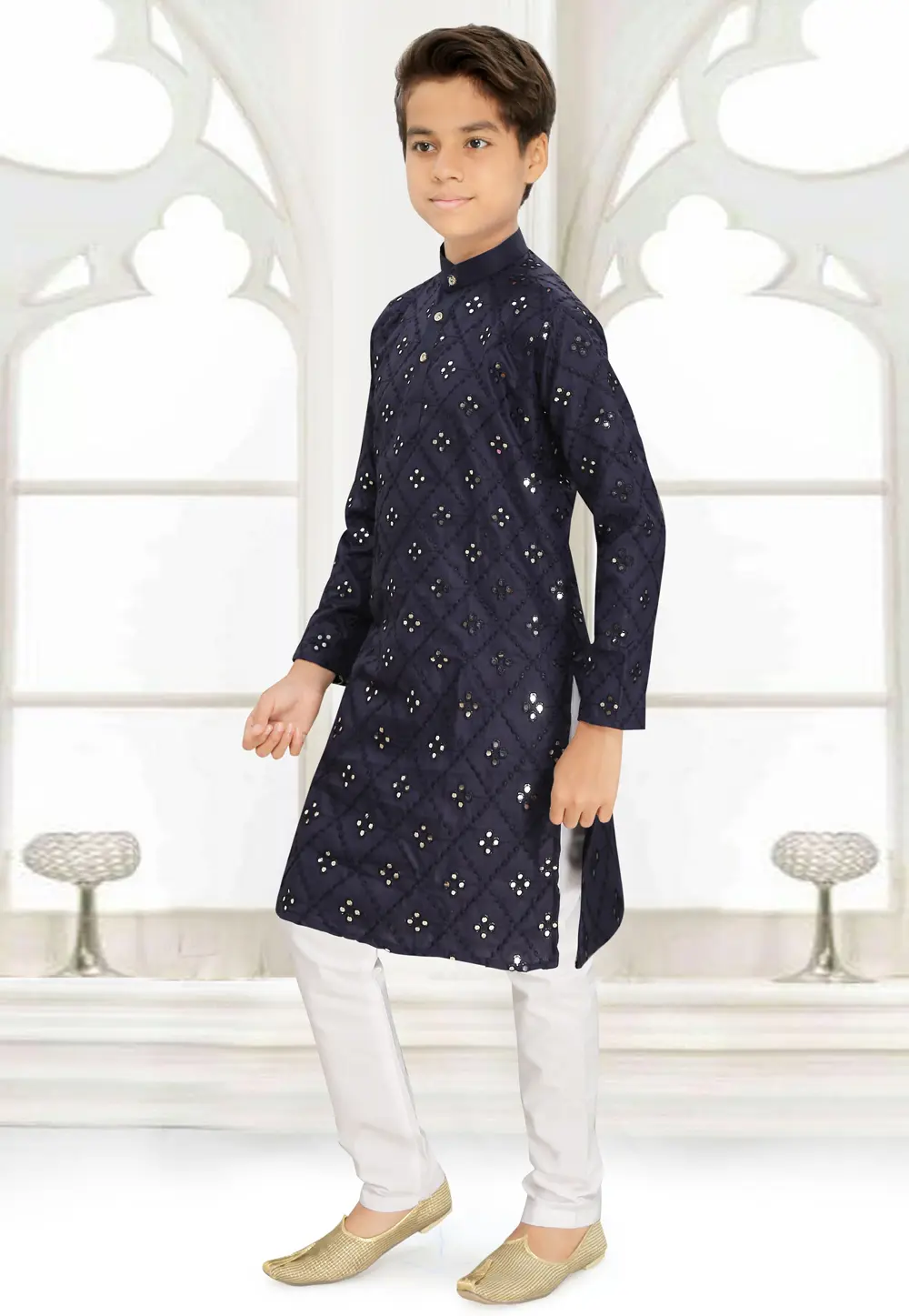 Navy Blue Cotton Kids Kurta Pajama 298426