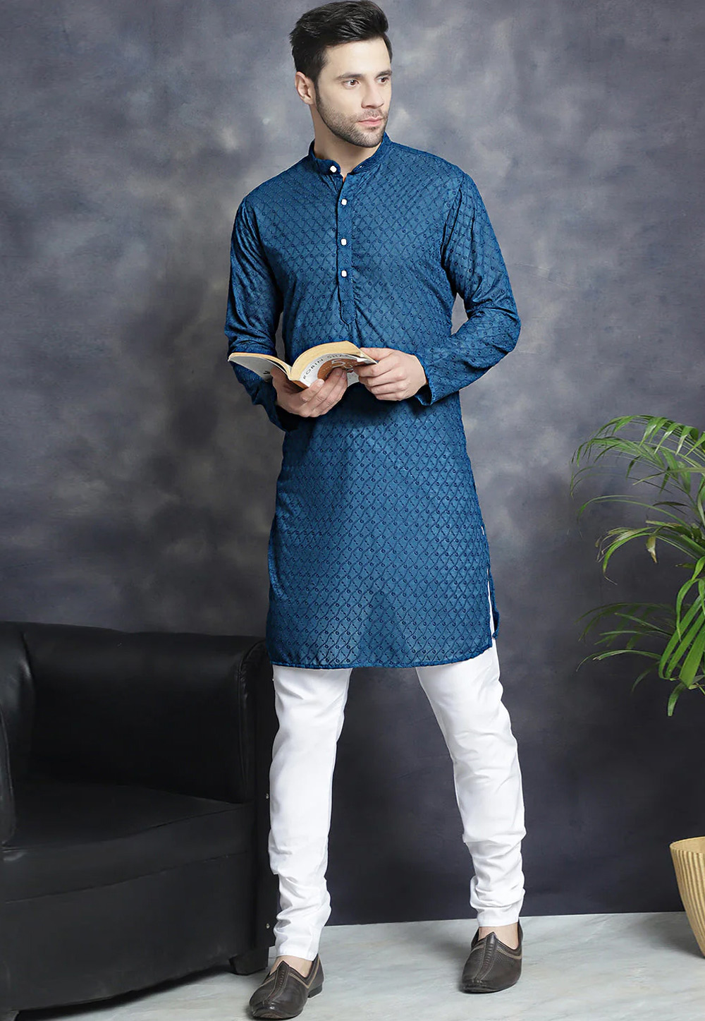 Navy Blue Cotton Kurta Pajama 287485