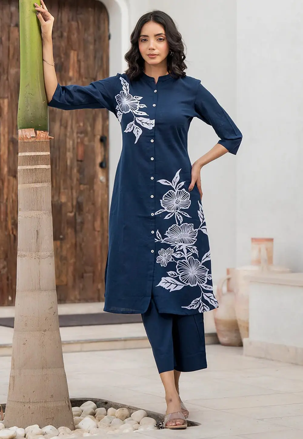 Navy Blue Cotton Kurta Set With Palazzo 304449