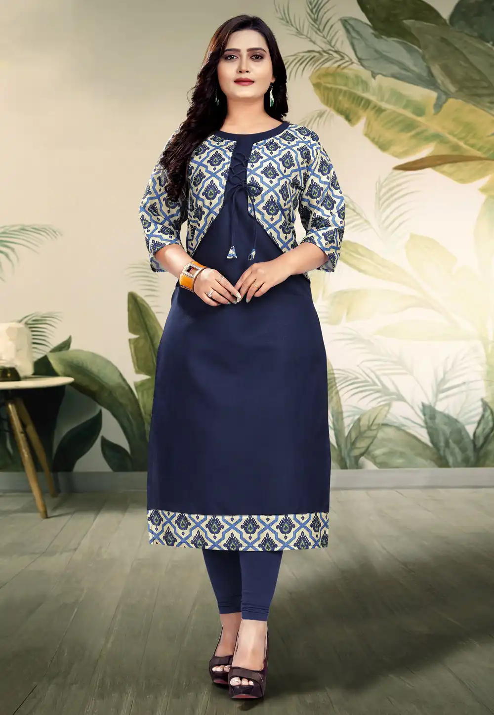 Navy Blue Cotton Long Kurti With Jacket 288070