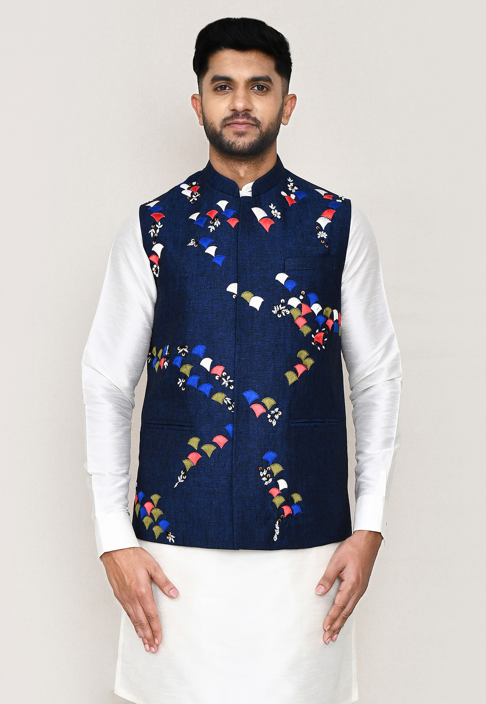 Navy Blue Cotton Nehru Jacket 306063