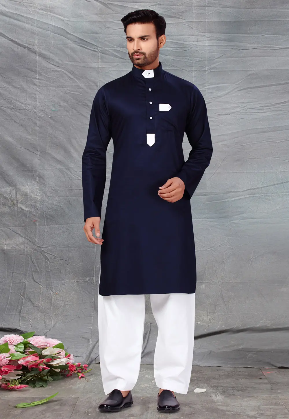 Navy Blue Cotton Pathani Suit 300212