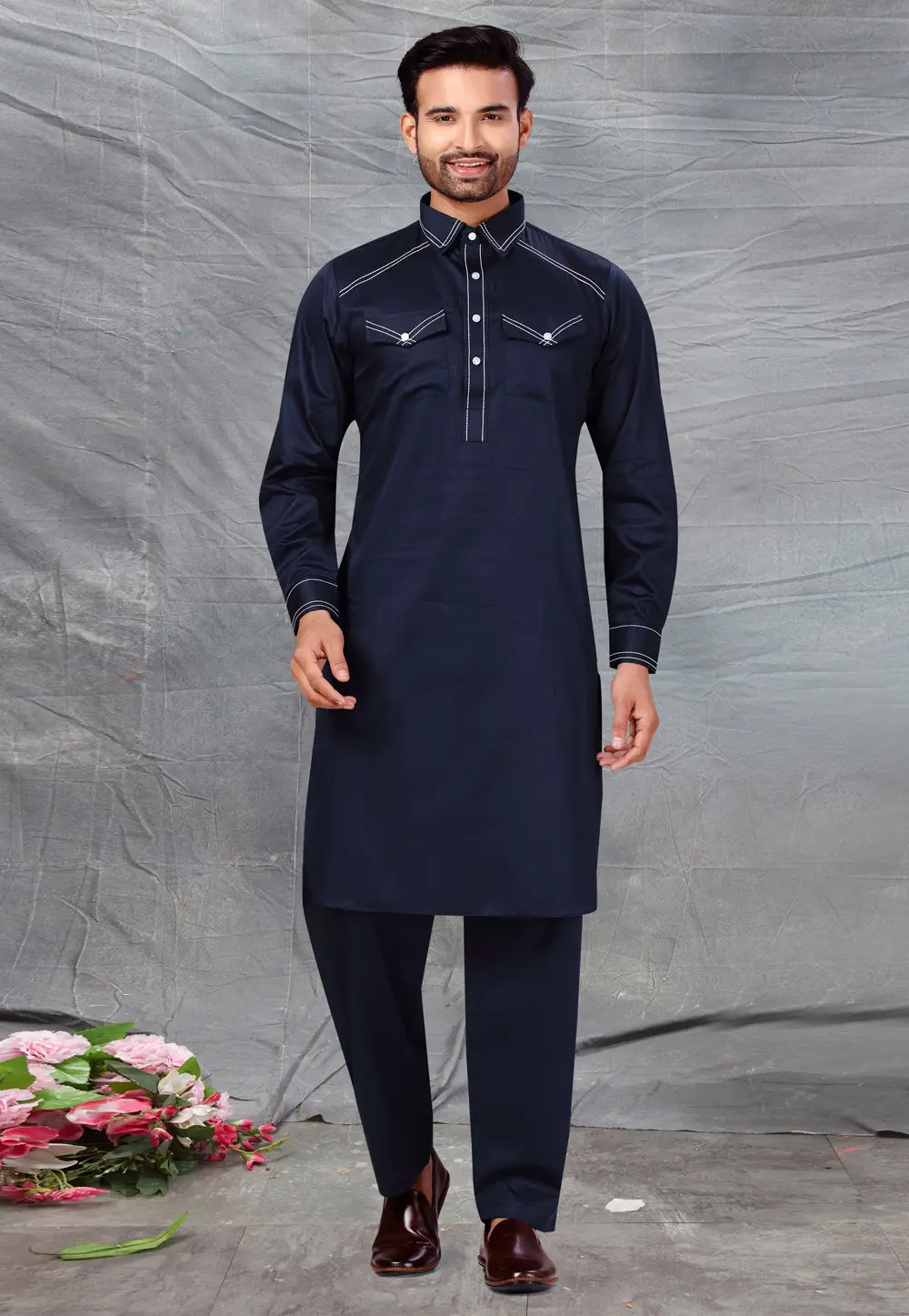 Navy Blue Cotton Pathani Suit 300222