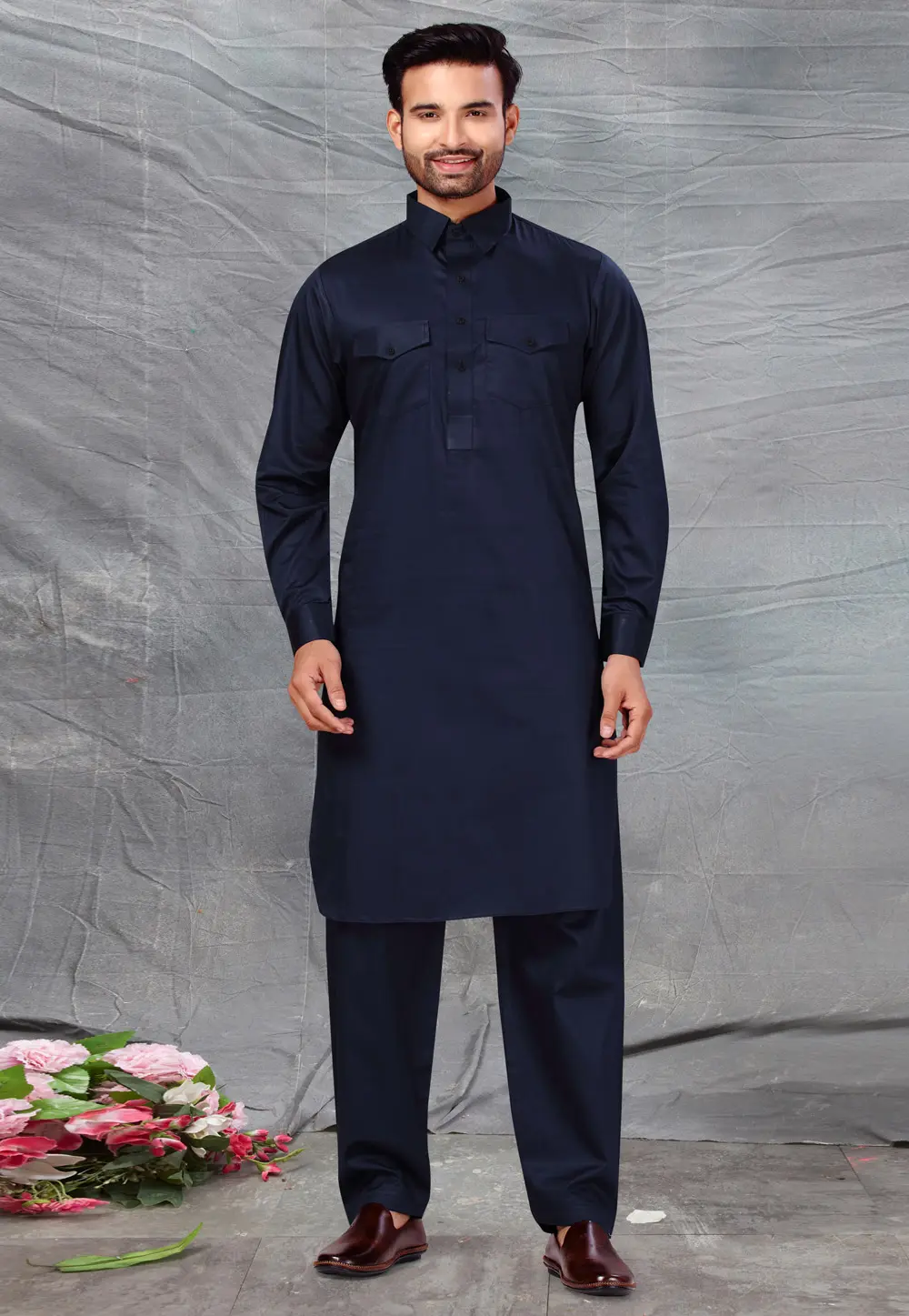 Navy Blue Cotton Pathani Suit 300223