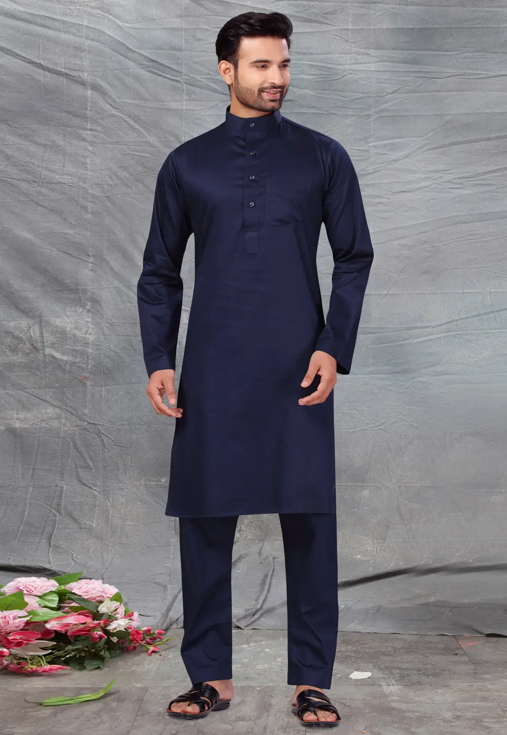 Navy Blue Cotton Pathani Suit 300245