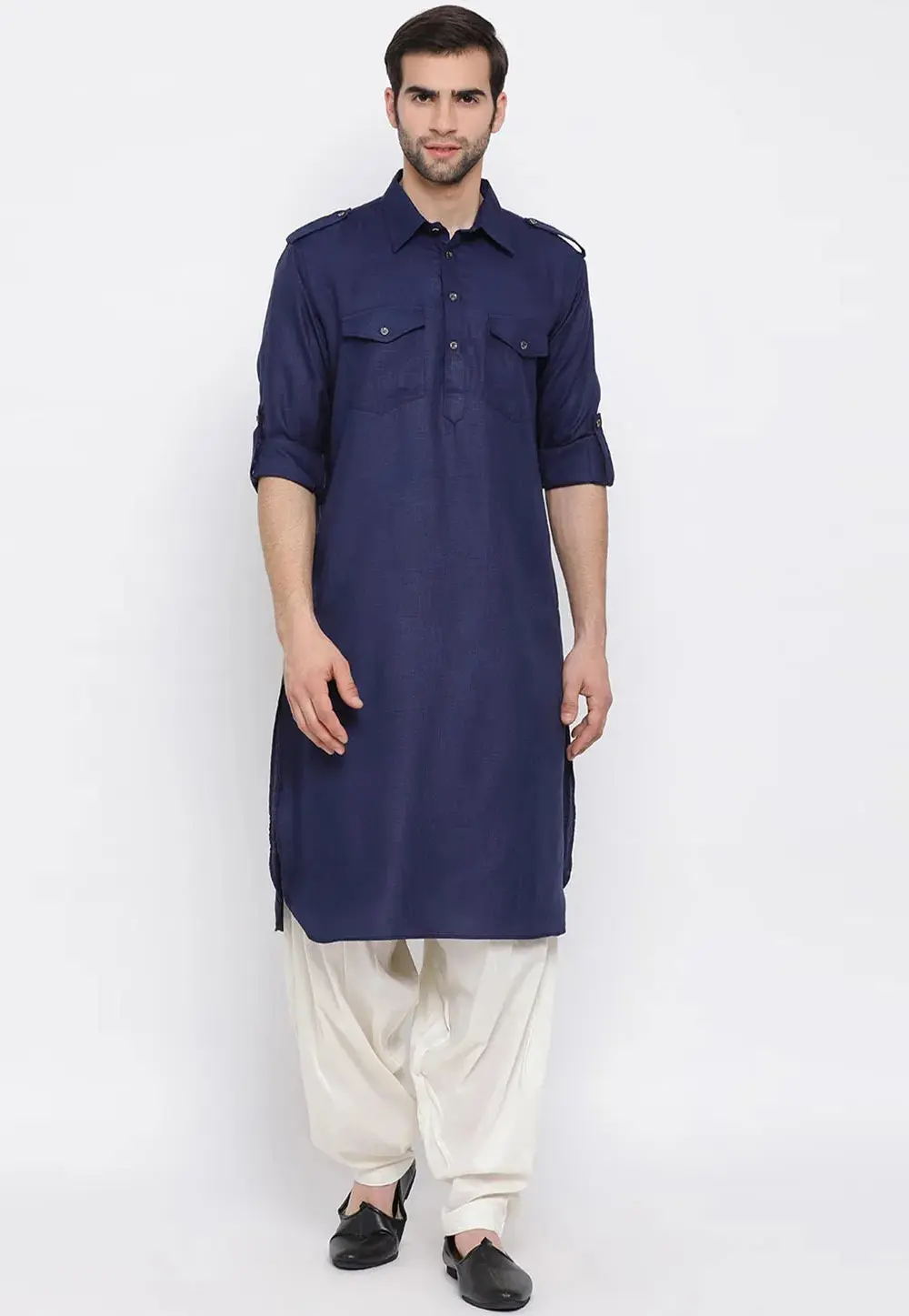 Navy Blue Cotton Pathani Suit 300795