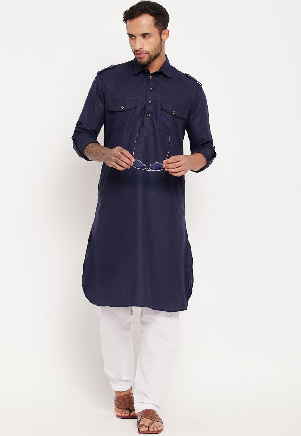Navy Blue Cotton Pathani Suit 309751