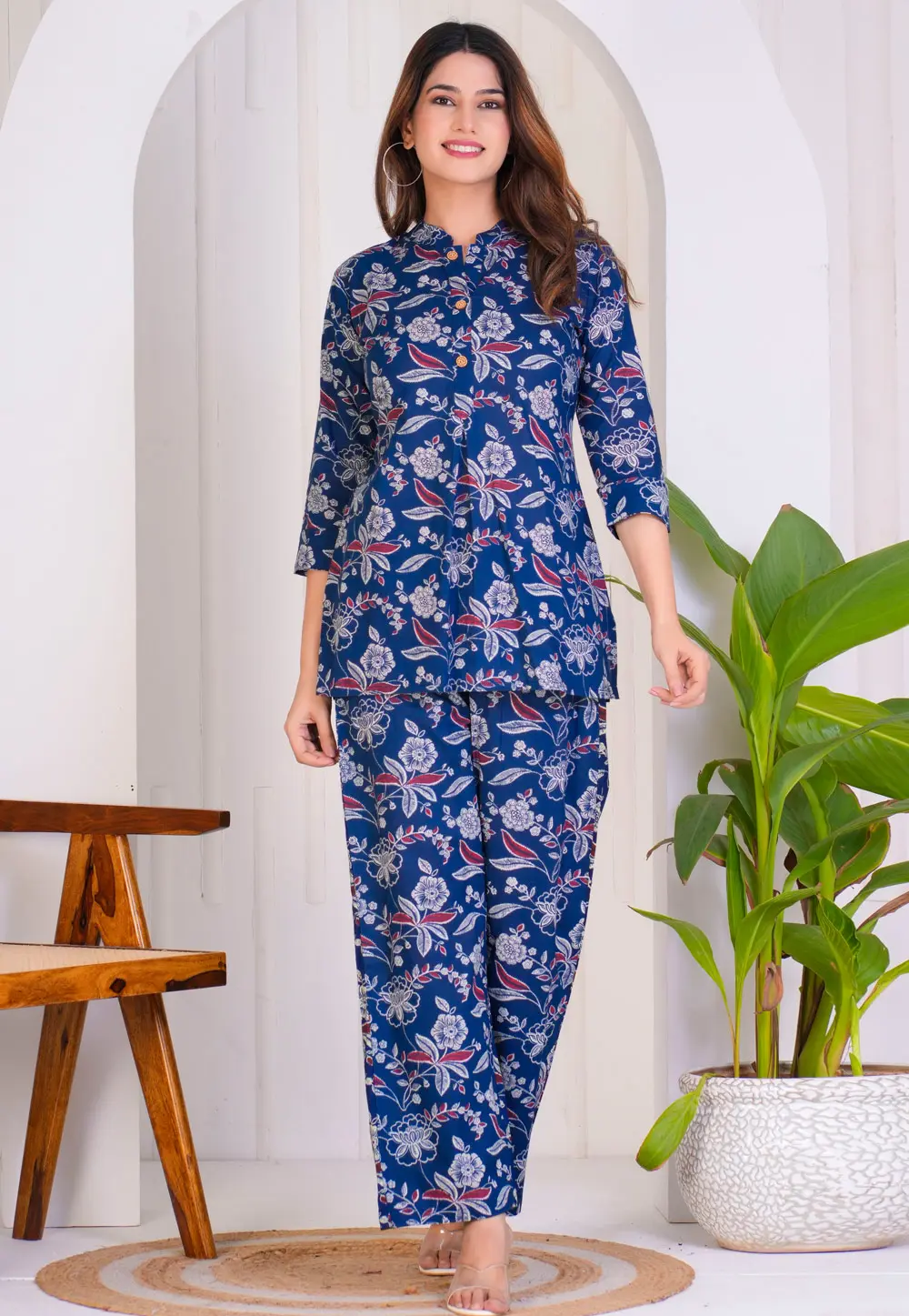 Navy Blue Cotton Printed Co-Ords Set 302982