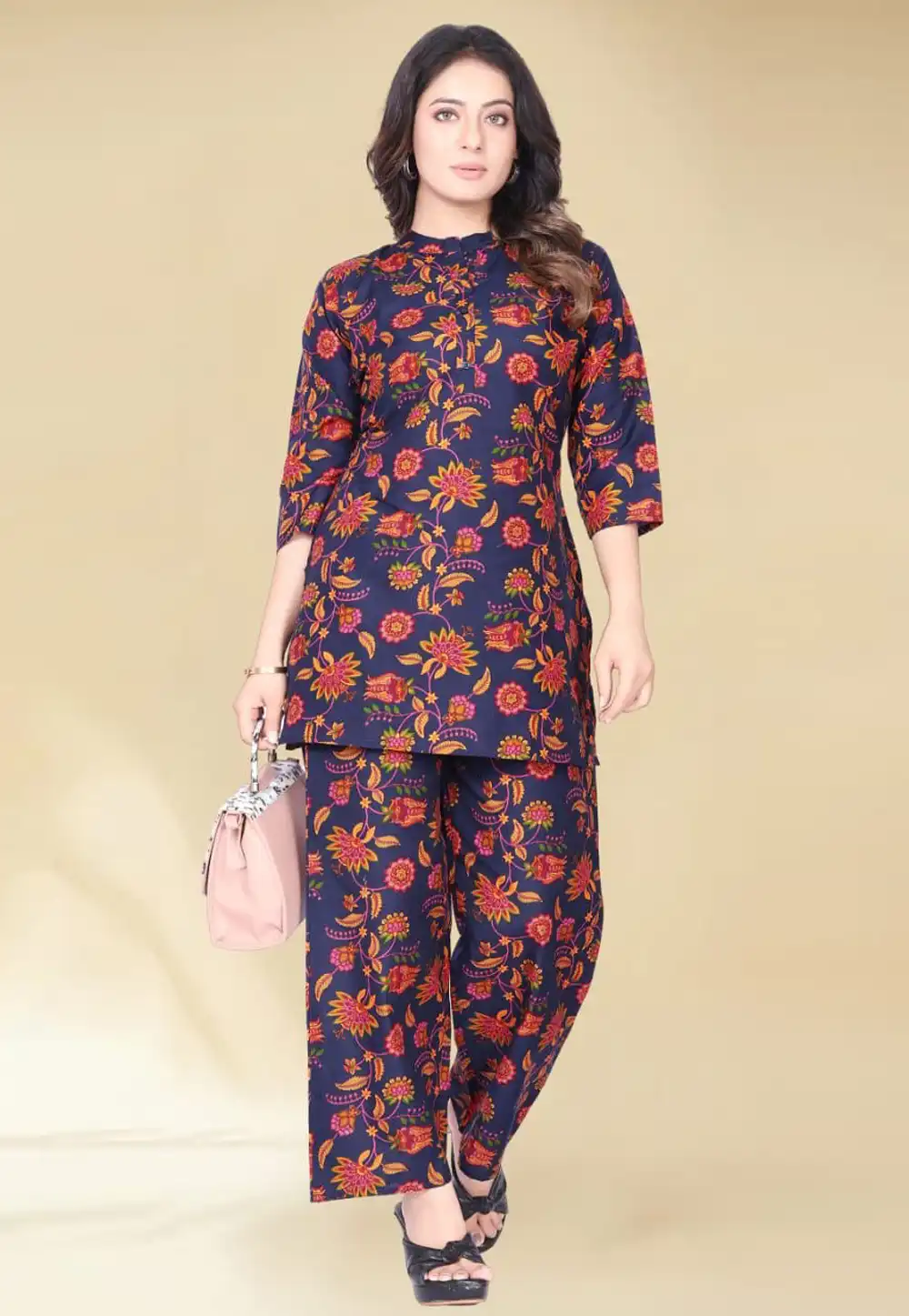 Navy Blue Cotton Printed Co-Ords Set 291369