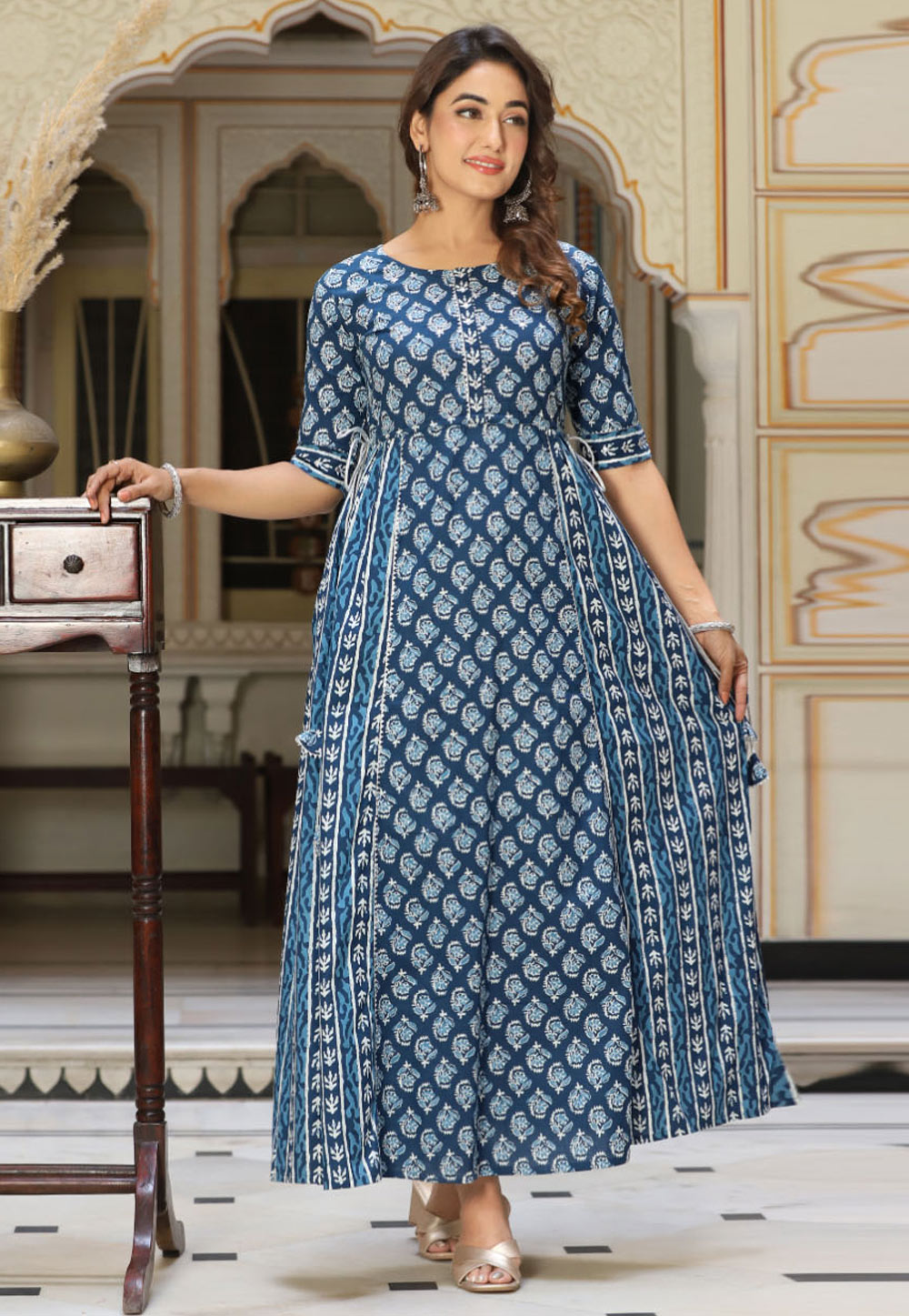 Navy Blue Cotton Printed Gown 281029