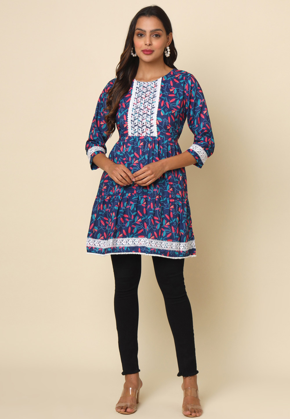 Navy Blue Cotton Printed Kurti 286305