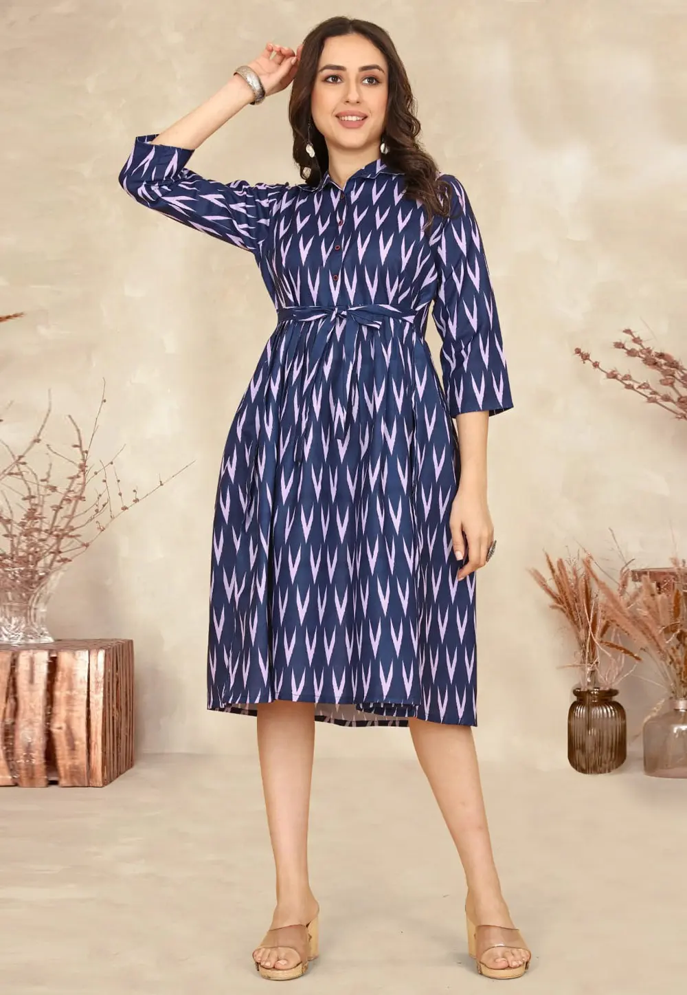 Navy Blue Cotton Printed Kurti 304369