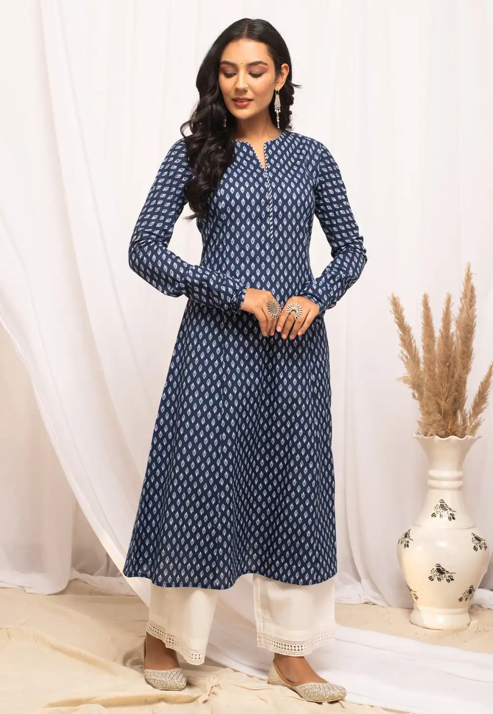 Navy Blue Cotton Printed Long Kurti 289023