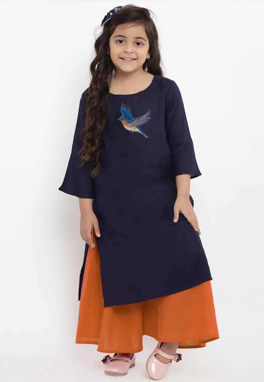 Navy Blue Cotton Rayon Kids Palazzo Suit 301833