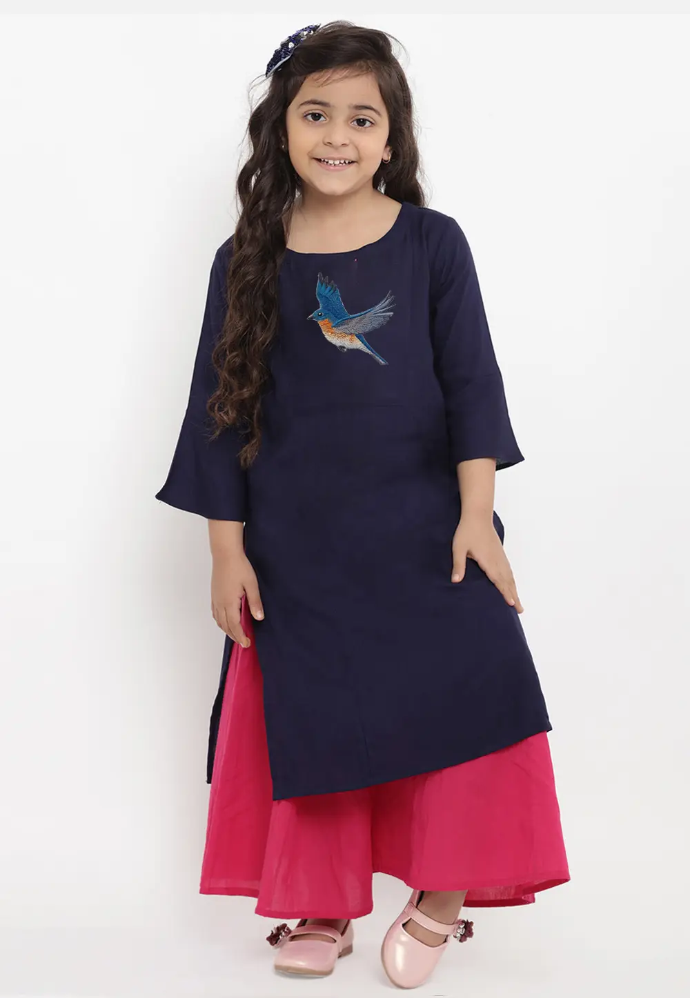 Navy Blue Cotton Rayon Kids Palazzo Suit 301834