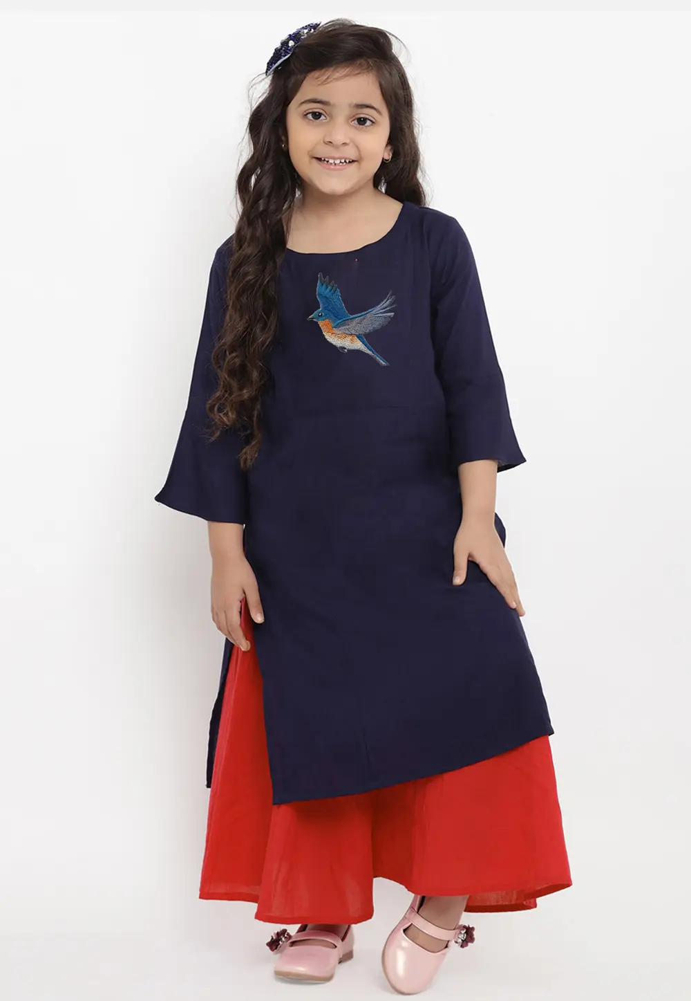 Navy Blue Cotton Rayon Kids Palazzo Suit 301835