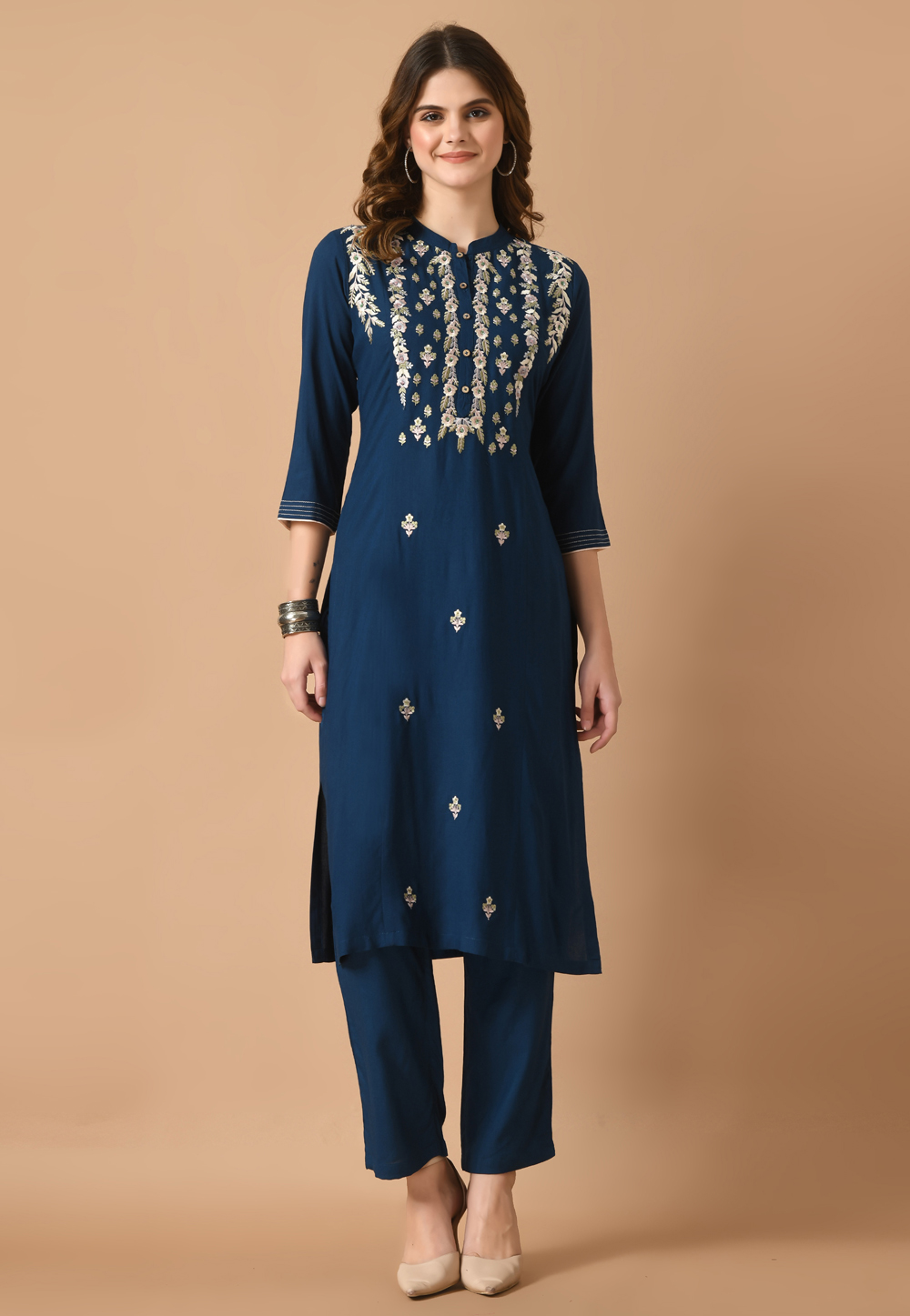 Navy Blue Cotton Rayon Kurta Set With Pent 305472